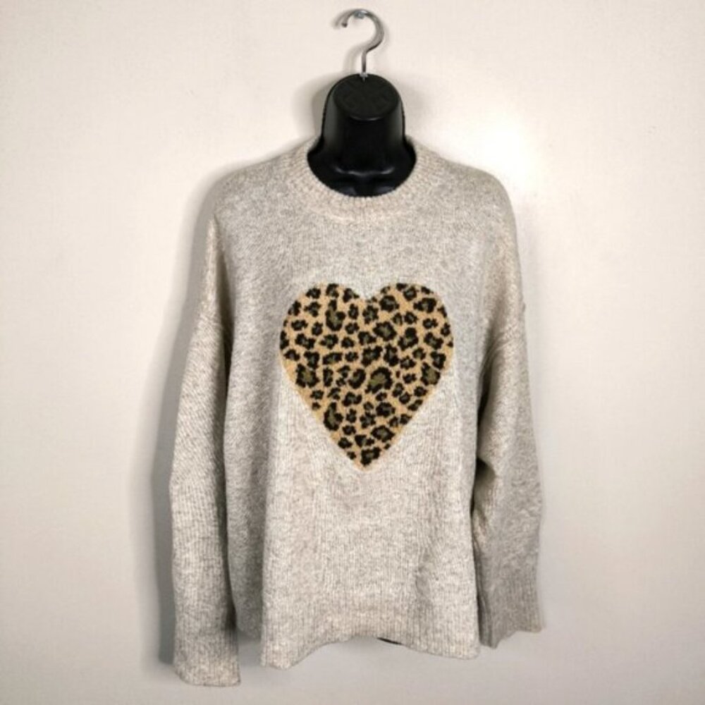 American Eagle Whoa So Soft Leopard Heart Crew Chunky Cozy Neck Sweater XL - Picture 2 of 9